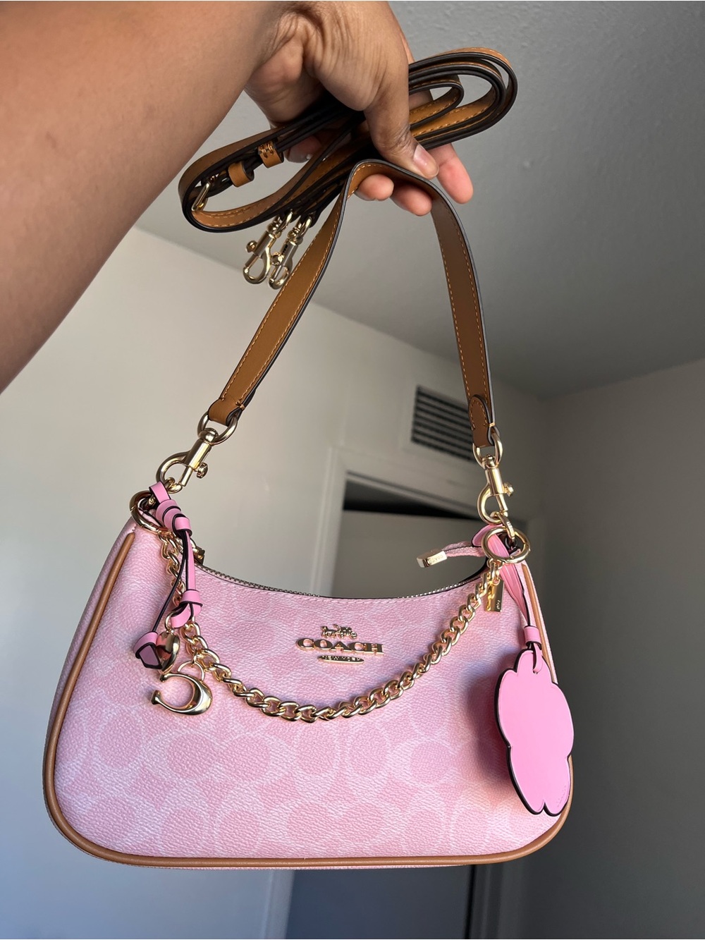 Coach Pink Signature Chain-Trim Shoulder Bag with Tan Strap